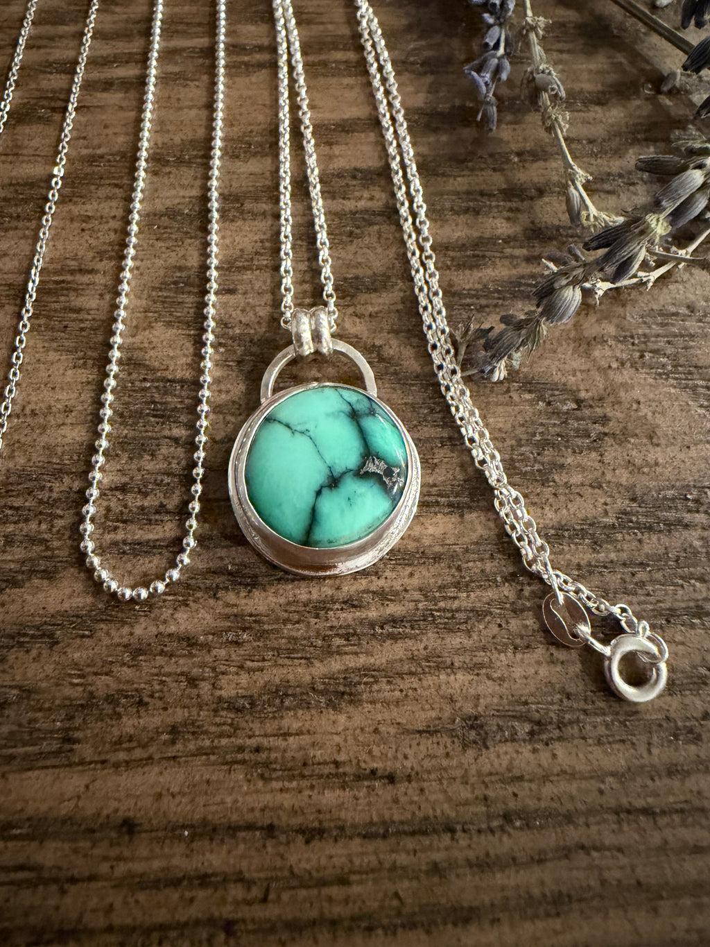 "NEW" Persian Variscite Pendant and Italian Sterling Silver Ball Chain Necklace