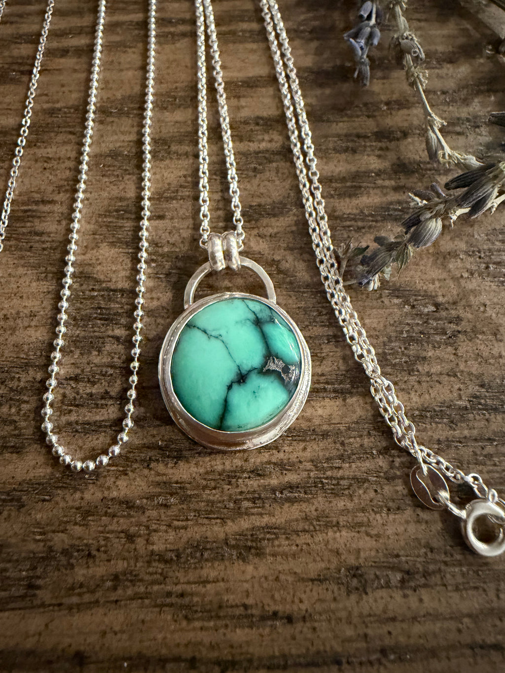 "NEW" Persian Variscite Pendant and Italian Sterling Silver Ball Chain Necklace
